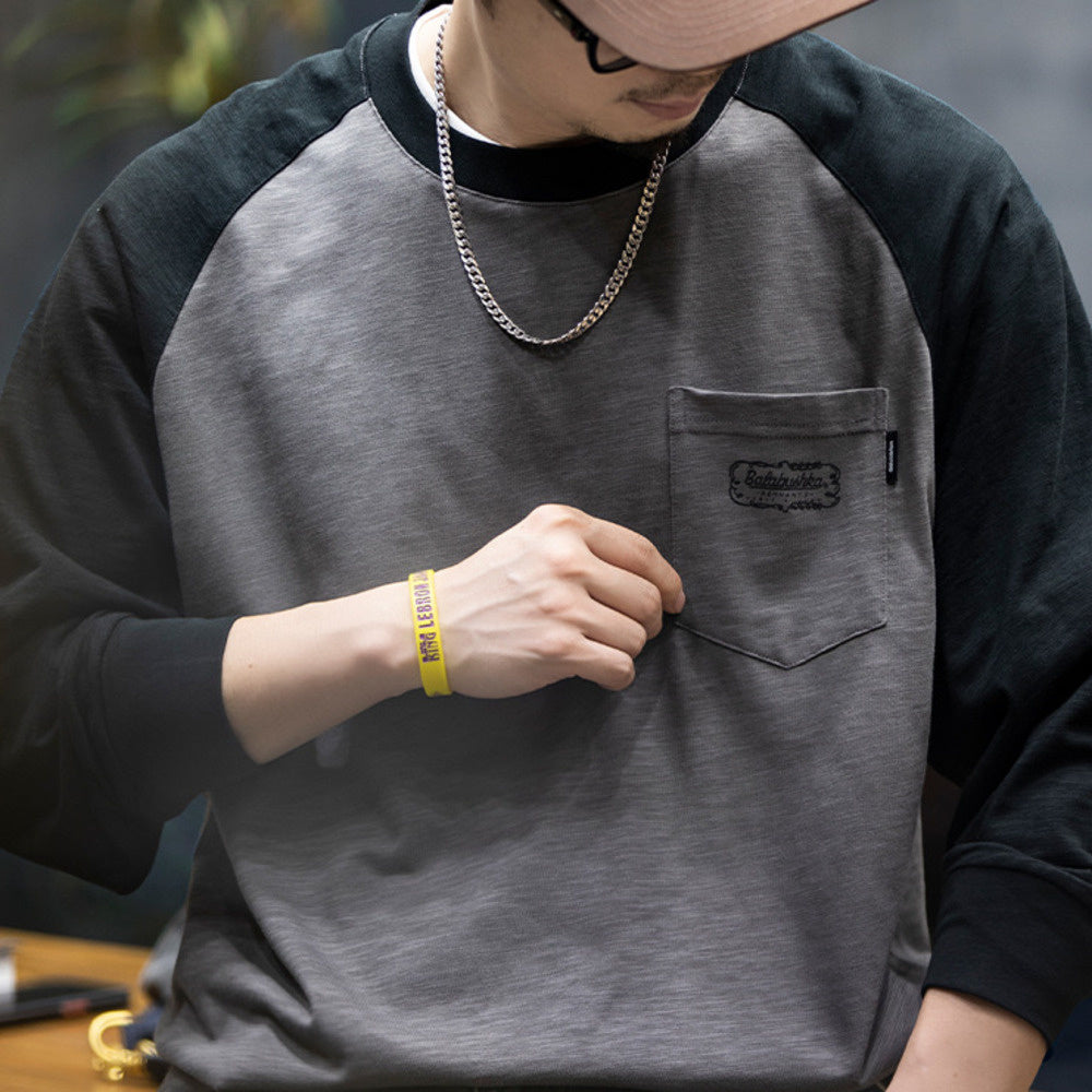 美式竹節棉長袖t恤男秋季潮牌寬松圓領撞色上衣男士休閑打底衫潮