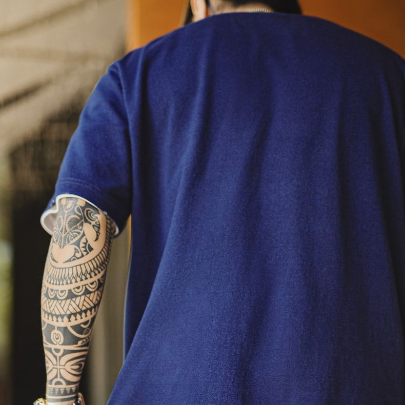 美式復古植物藍染T恤日系重磅純棉二本鍼口袋短袖男款夏