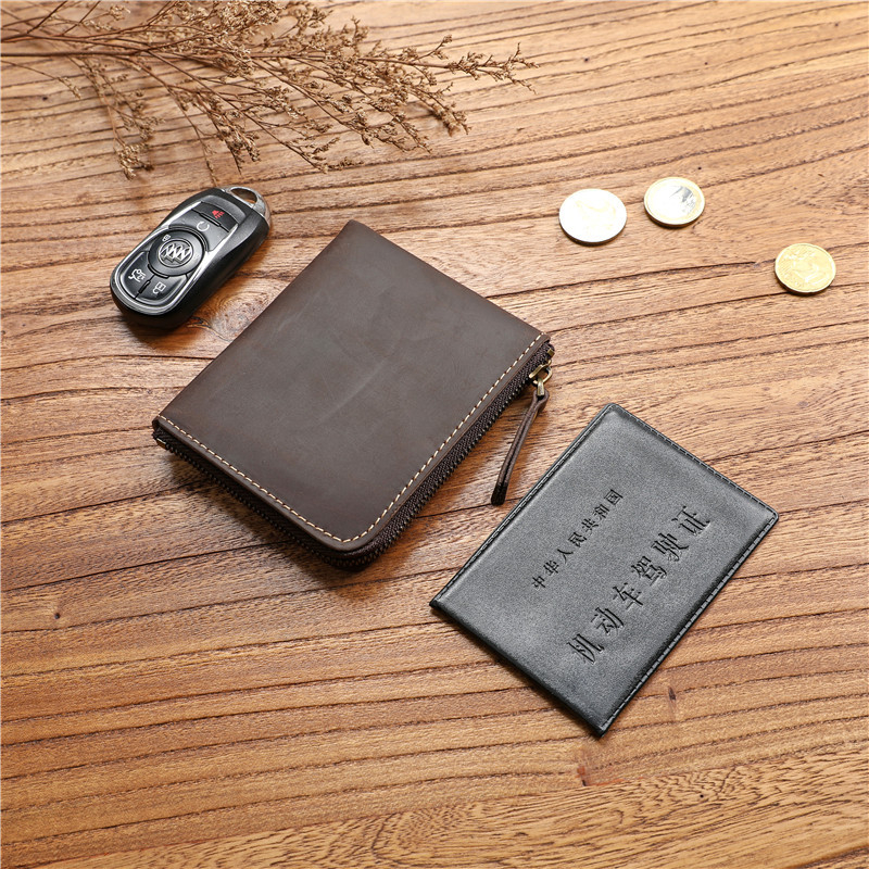 復古男士瘋馬頭層牛皮短款拉鍊錢包真皮超薄橫款皮夾學生簡約錢夾