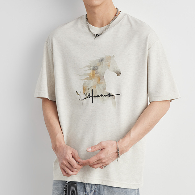 重磅210g莫代爾國潮駿馬印花T恤男夏季圓領寬鬆親膚透氣短袖