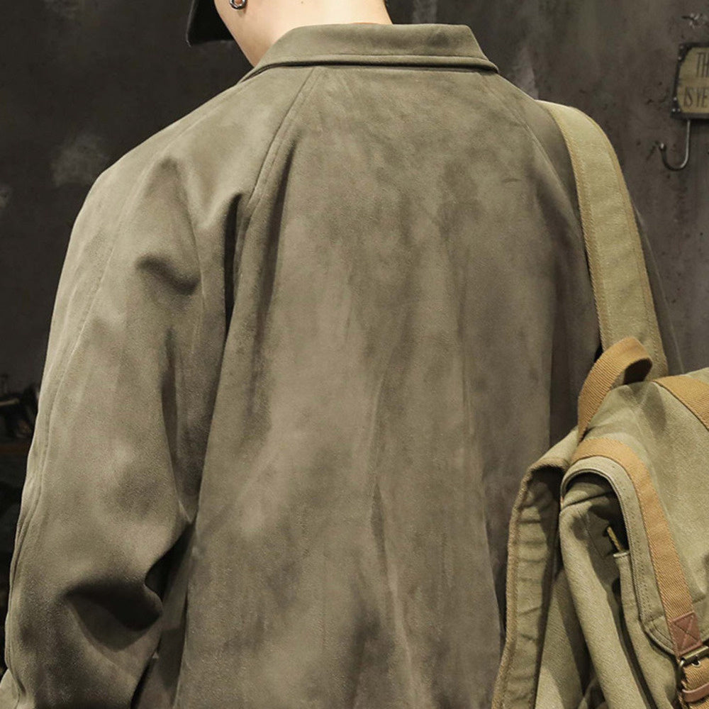 灰綠色鹿皮絨翻領棒球服男士寬松春秋款潮牌380g美式夾克外套