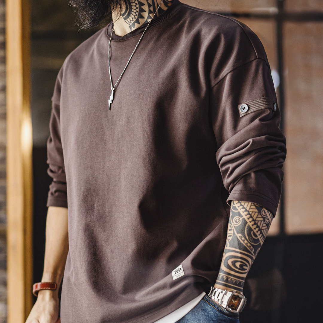 美式復古長袖T恤棉V領套頭白色寬鬆垂感外穿衛衣男款春