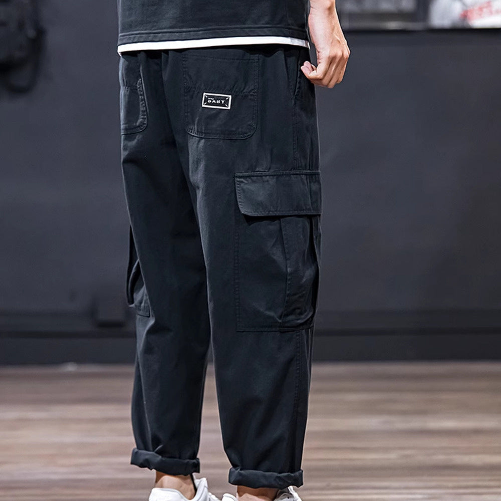 秋季工裝褲男士休閑褲寬松垂感錐形褲闊腿松緊腰長褲男裝純色褲子