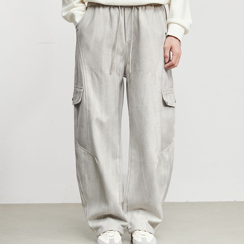 素韻加絨彎刀牛仔褲工裝褲男秋冬季新款寬鬆闊腿保暖褲子