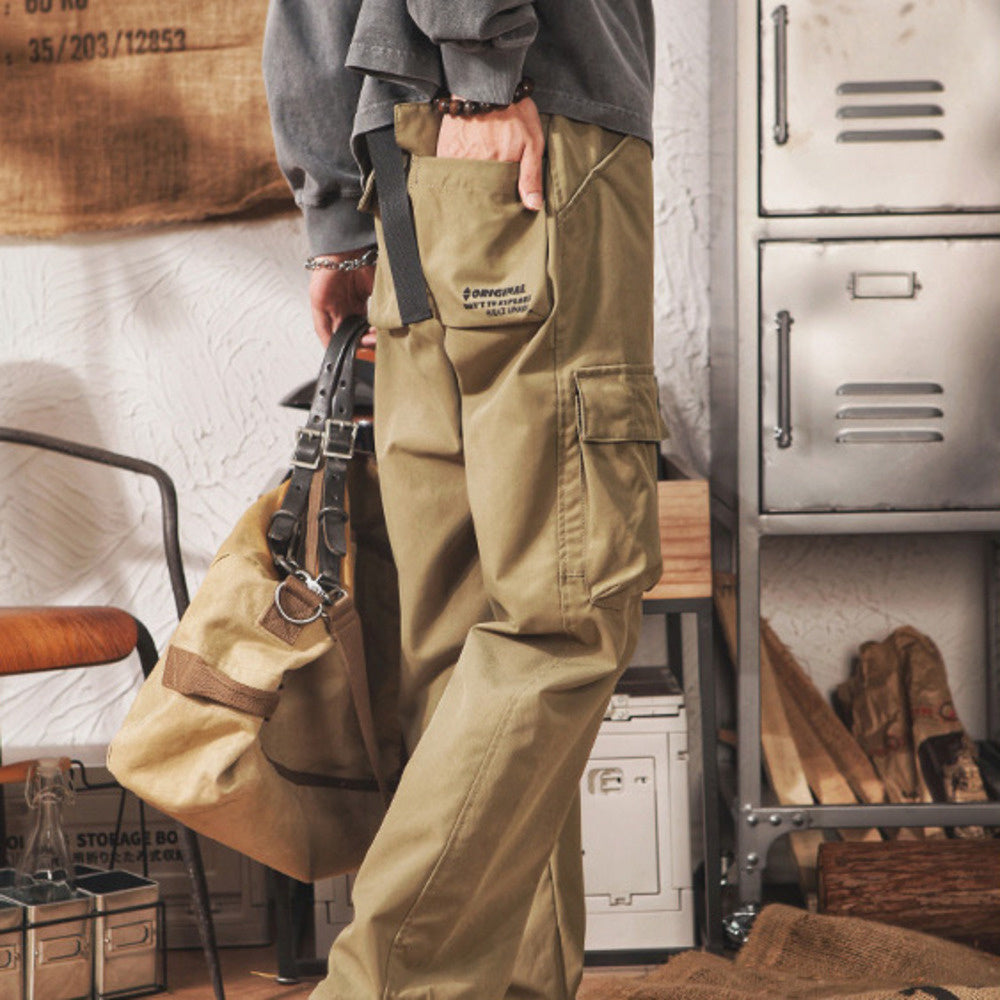 直筒寬松潮牌機能工裝褲男款春季美式復古高街男生束腳休閑長褲