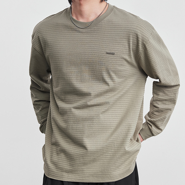 極簡長袖T恤肌理感條紋圓領打底衫男春季新款鬆弛感套頭上衣