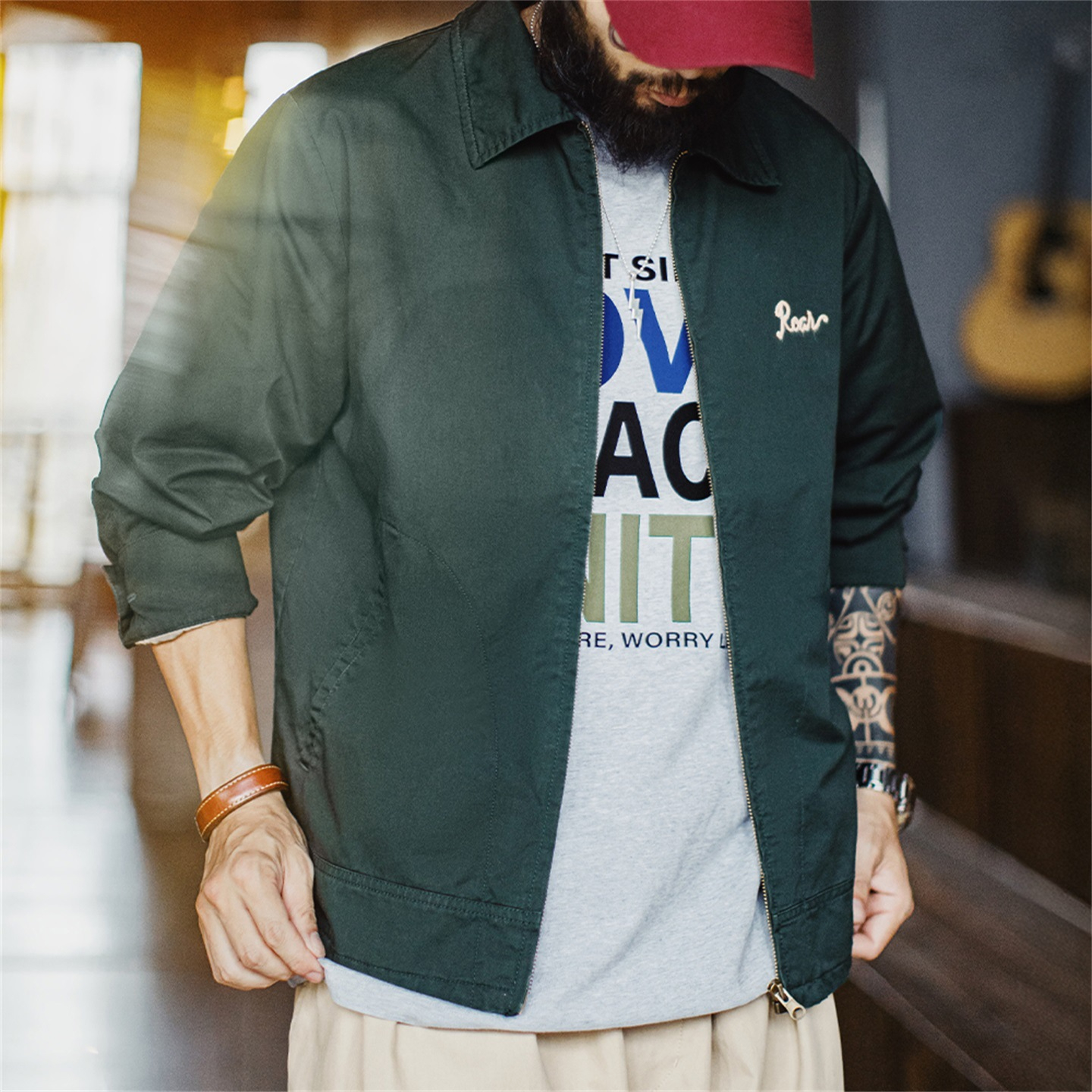 美式復古刺繡教練夾克翻領墨綠色純棉重磅長袖外套男秋