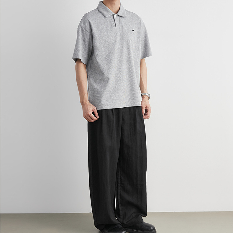 日系刺繡小標翻領紐扣Polo衫男夏季純色寬鬆通勤百搭短袖T恤