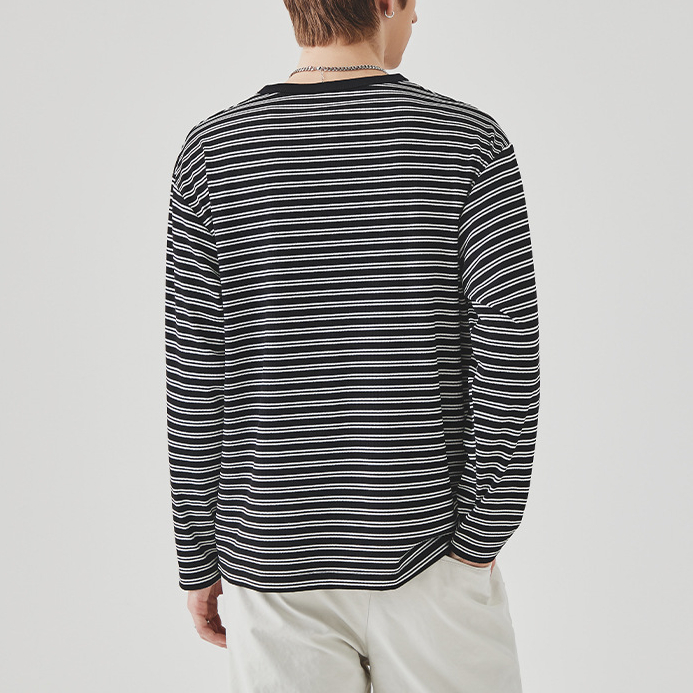 撞色條紋長袖男T恤春季新款潮牌寬鬆圓領內搭上衣打底衫
