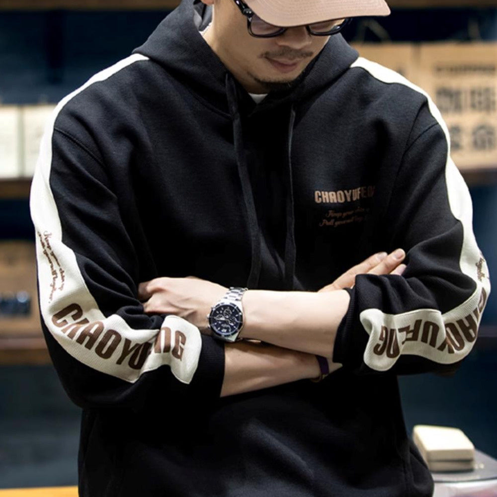 360g美式撞色長袖衛衣男秋季寬松潮牌大碼連帽上衣男休閑外套