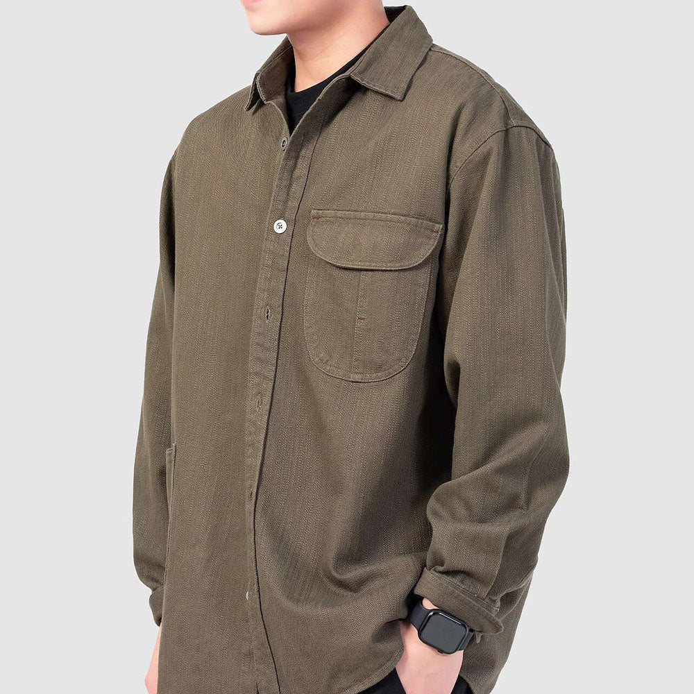 春季新款美式竹節紋垂感多口袋工裝襯衫男士獵裝襯衣