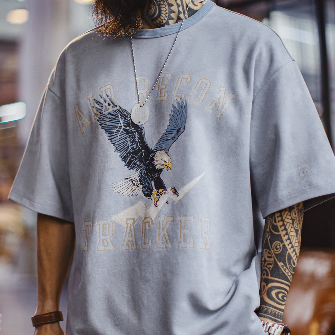 美式復古印花做舊仿蠟染圓領藍色落肩針織短袖T恤男士夏