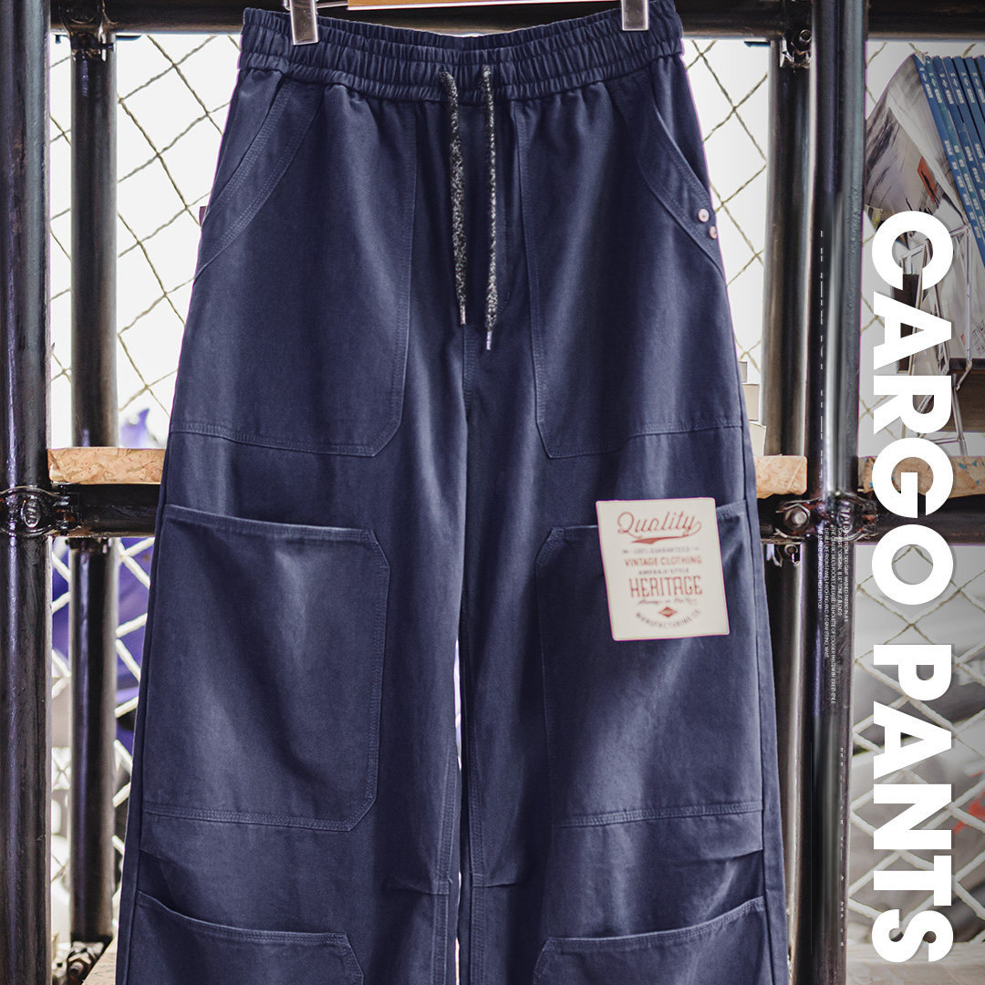 美式復古水洗多口袋工裝伐木褲純棉闊腿束腳休閒褲子男春