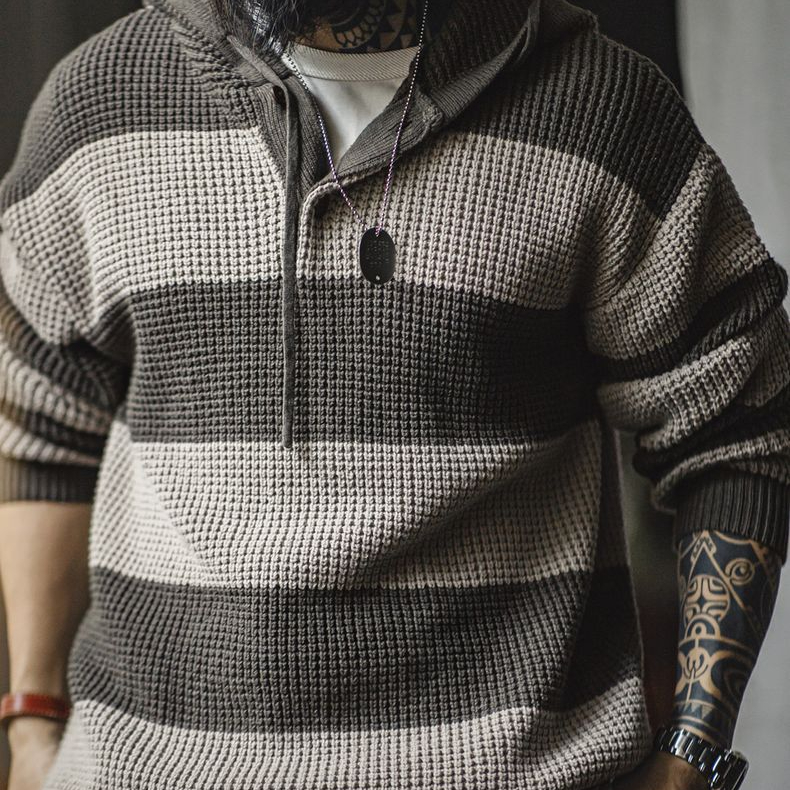 美式休閒撞色條紋連帽針織衫學院風毛衣寬鬆套頭衛衣男秋