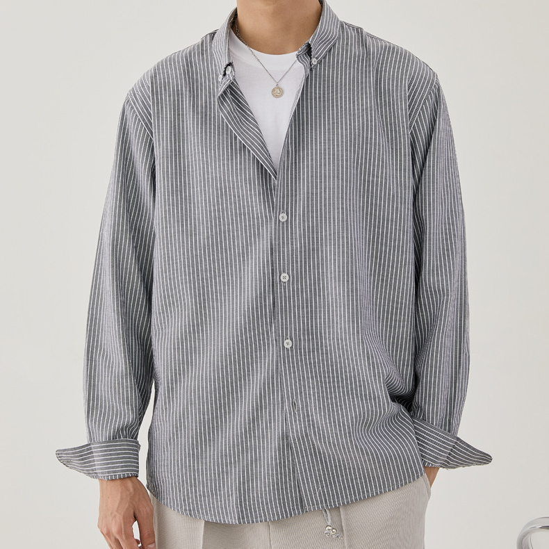 春秋新款輕商務翻領襯衣男條紋開衫長袖休閒男士襯衫