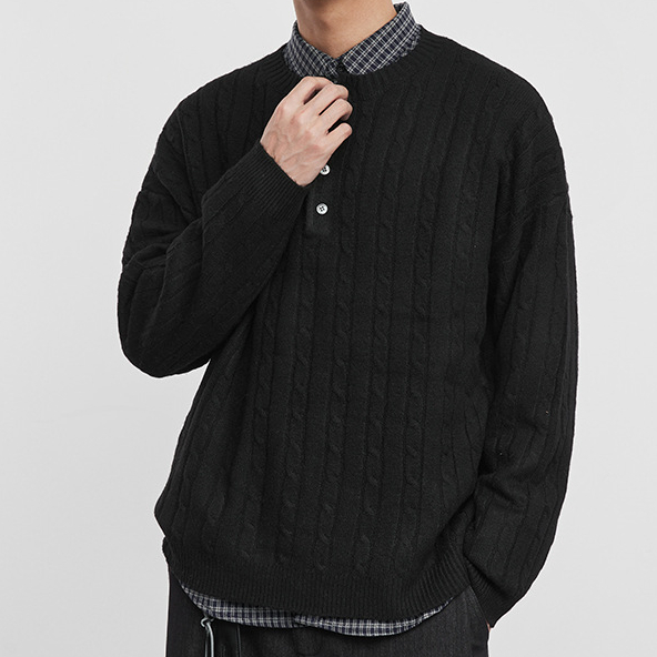 男士亨利領絞襟麻花針織毛衣秋冬寬鬆休閒套頭內搭上衣男