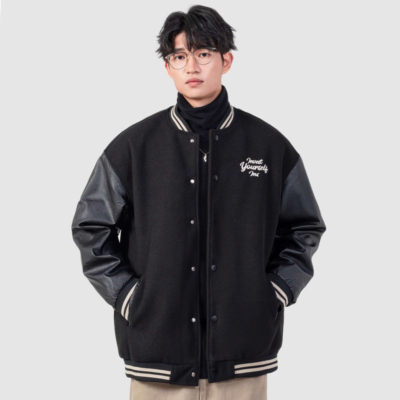 美式拼接pu皮棒球服外套男士春秋季情侶刺繡休閑夾克