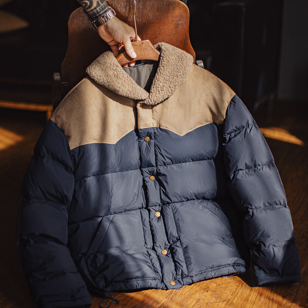 美式復古撞色絨領90白鴨絨羽絨服翻領保暖夾克外套男秋冬