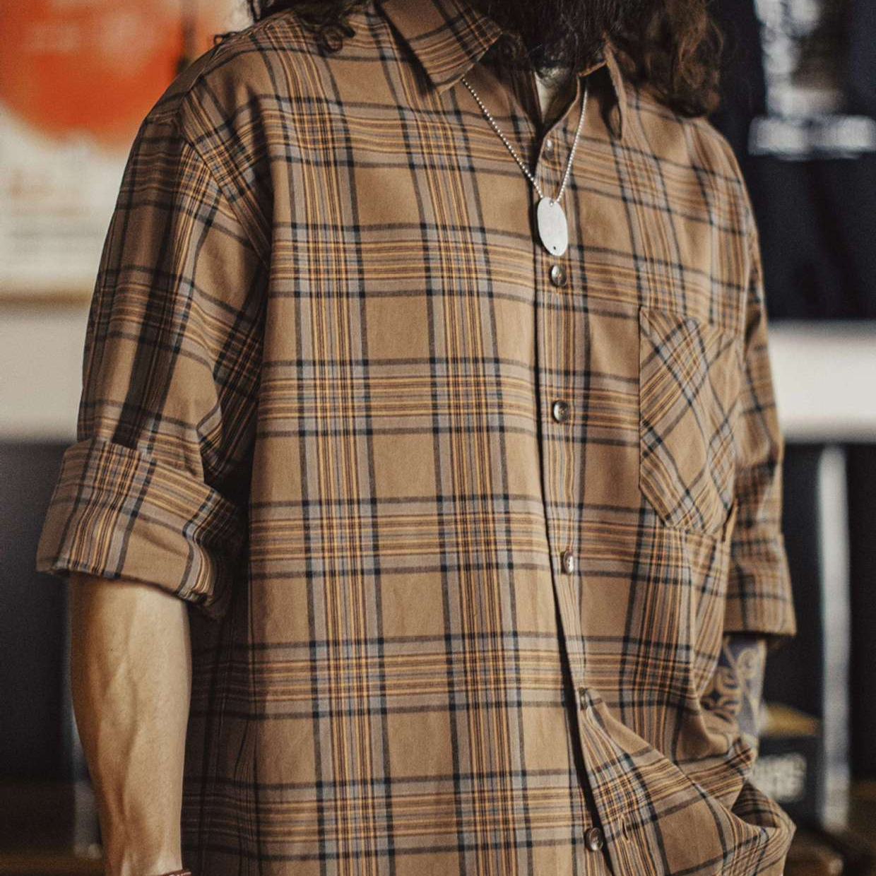 美式復古格子襯衫薄款長袖純棉外套式棕色格紋襯衣男夏秋