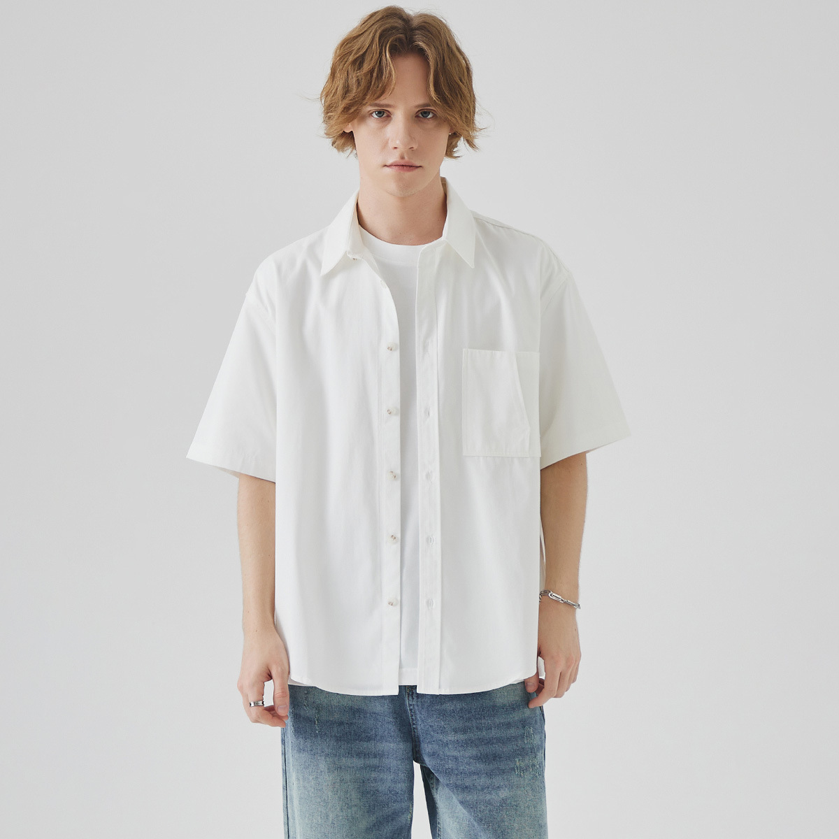 夏季男士短袖襯衫高級感莫代爾寬鬆休閒翻領襯衣百搭上衣