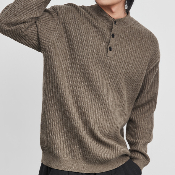 7針亨利領豎紋針織衫男2026春寬鬆立體純色百搭長袖套頭衫