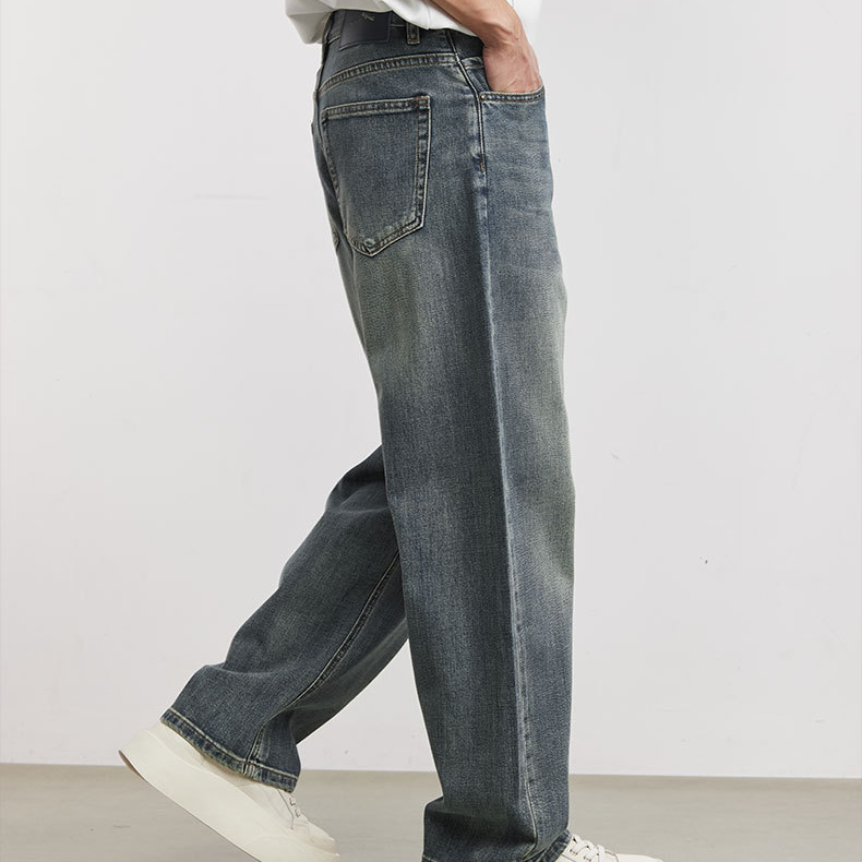 做舊水洗割破牛仔褲男夏季美式復古漸變垂感寬鬆直筒闊腿褲