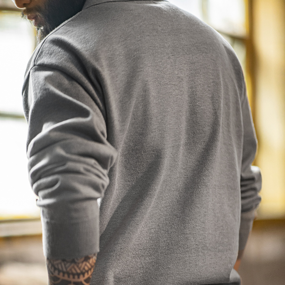 美式休閒海鷗polo領衛衣老錢風灰色針織長袖polo衫男秋季