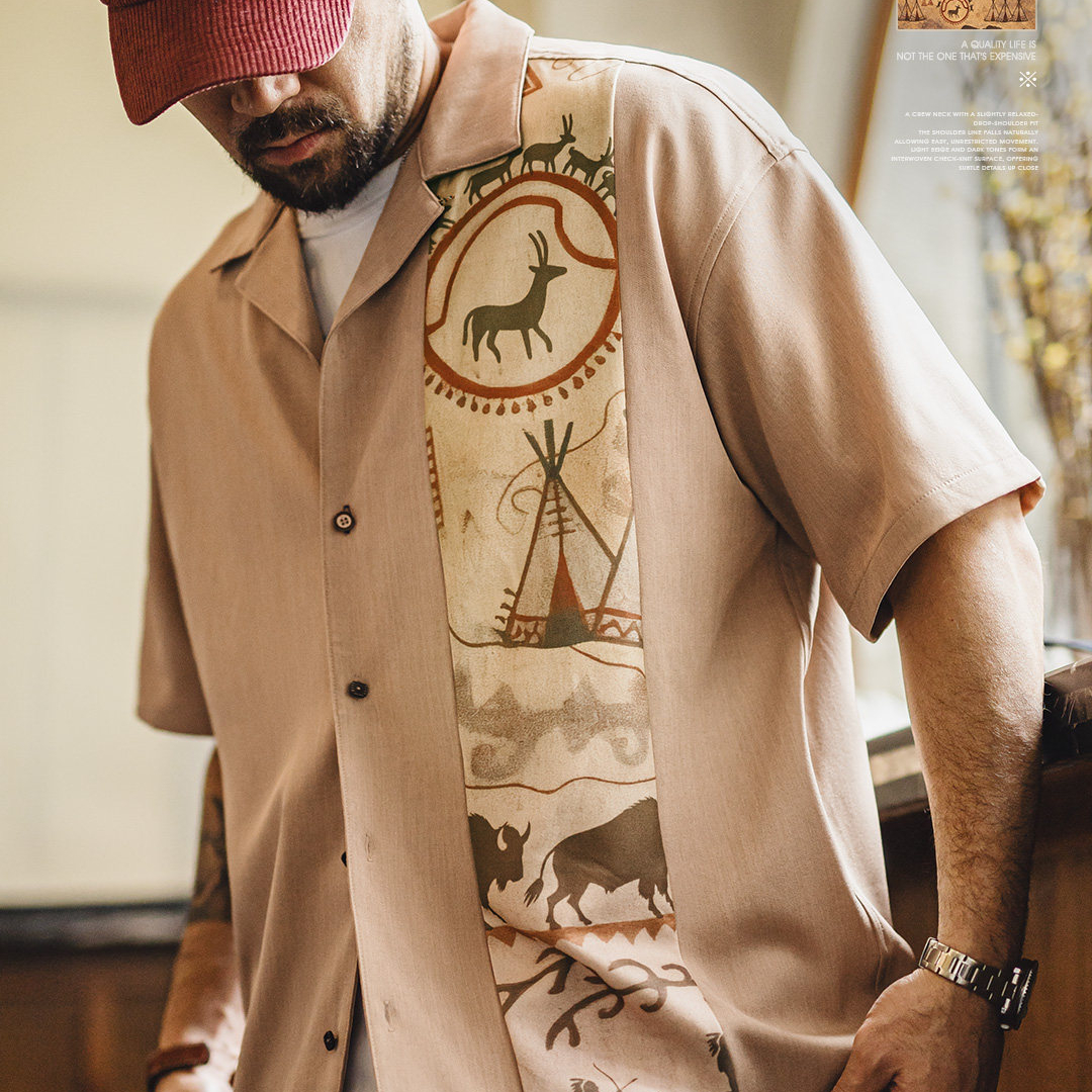 美式復古印花古巴領襯衫印第安薄款短袖棉襯衣外套男士夏