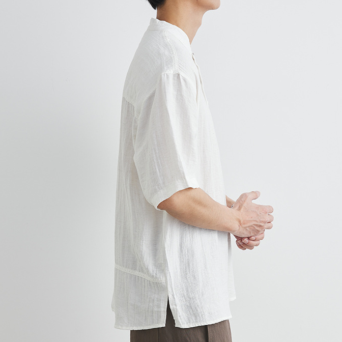 老錢風亨利領短袖襯衫男夏季2025新款日系復古寬鬆休閒襯衣薄