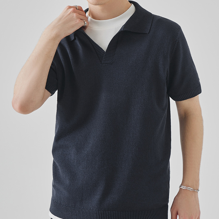 夏季針織短袖polo衫男高級感純色翻領休閒T恤上衣馬球衫