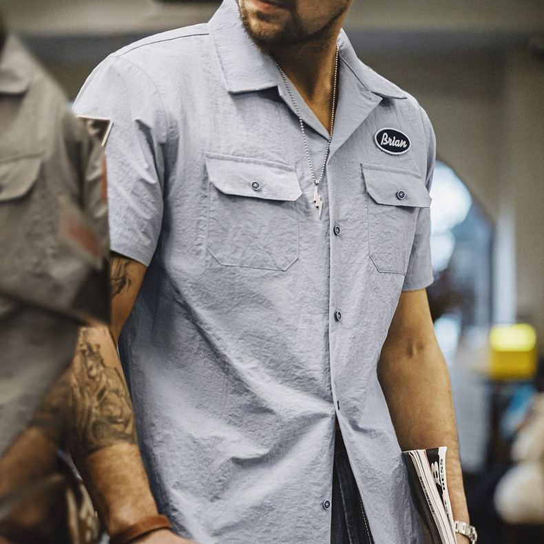 美式復古速度與激情同款古巴領襯衫硬漢vintage襯衣男夏