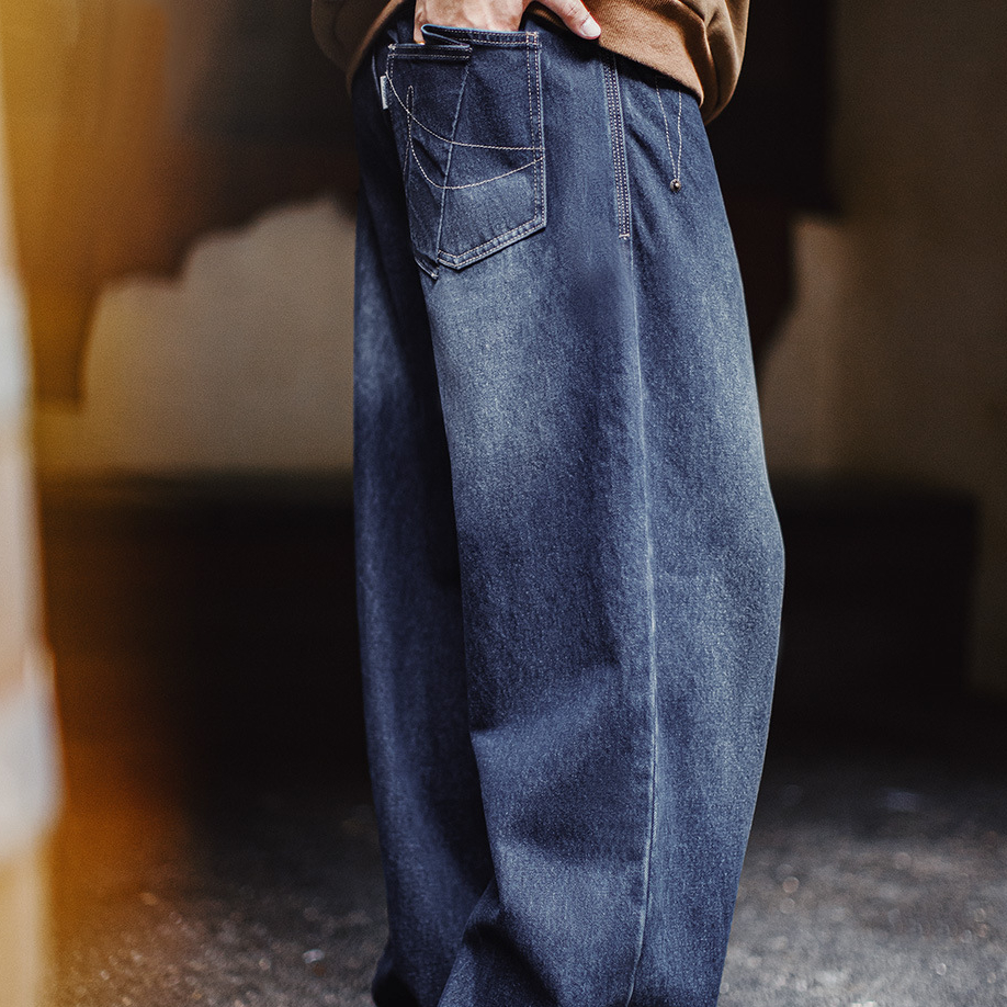 美式復古水洗彎刀牛仔褲丹寧闊腿垂感拖地休閒長褲子男秋