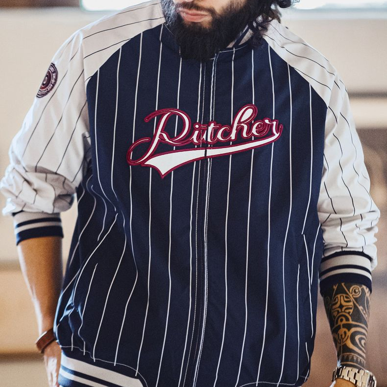 美式復古條紋棒球夾克字母刺繡徽章撞色拼接休閒外套男春