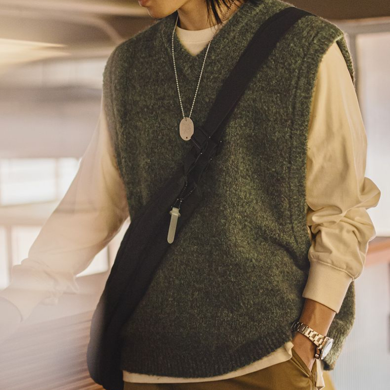 美式復古針織V領馬甲絨背心疊穿套頭保暖無袖坎肩男秋冬