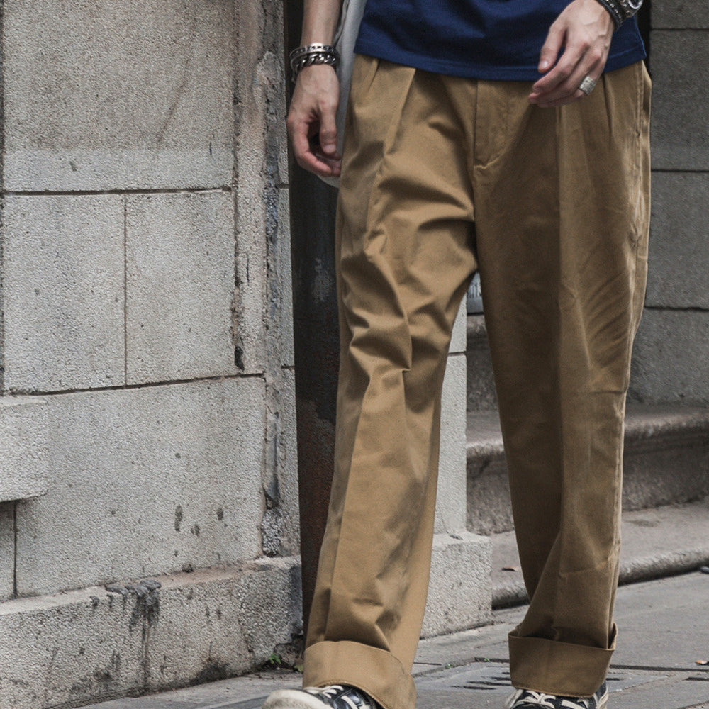 兩褶寬松休閑長褲直筒卡其褲子