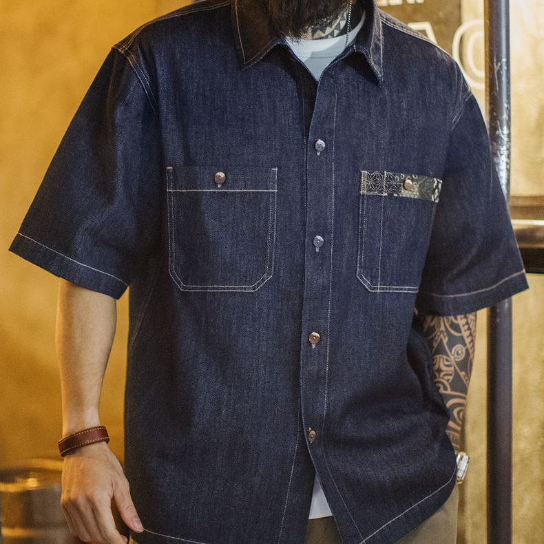 美式復古boro丹寧回潮牛仔襯衣日系藍染翻領襯衫外套男
