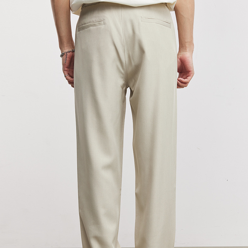 垂墜肌理冰絲抽繩商務休閒褲男夏季寬鬆直筒通勤褶皺闊腿西褲