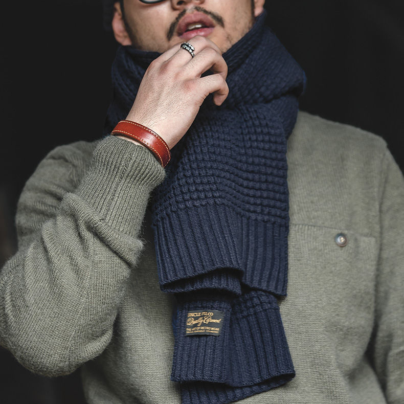 美式復古淺灰針織毛線圍巾秋冬含羊毛純色保暖圍脖男潮