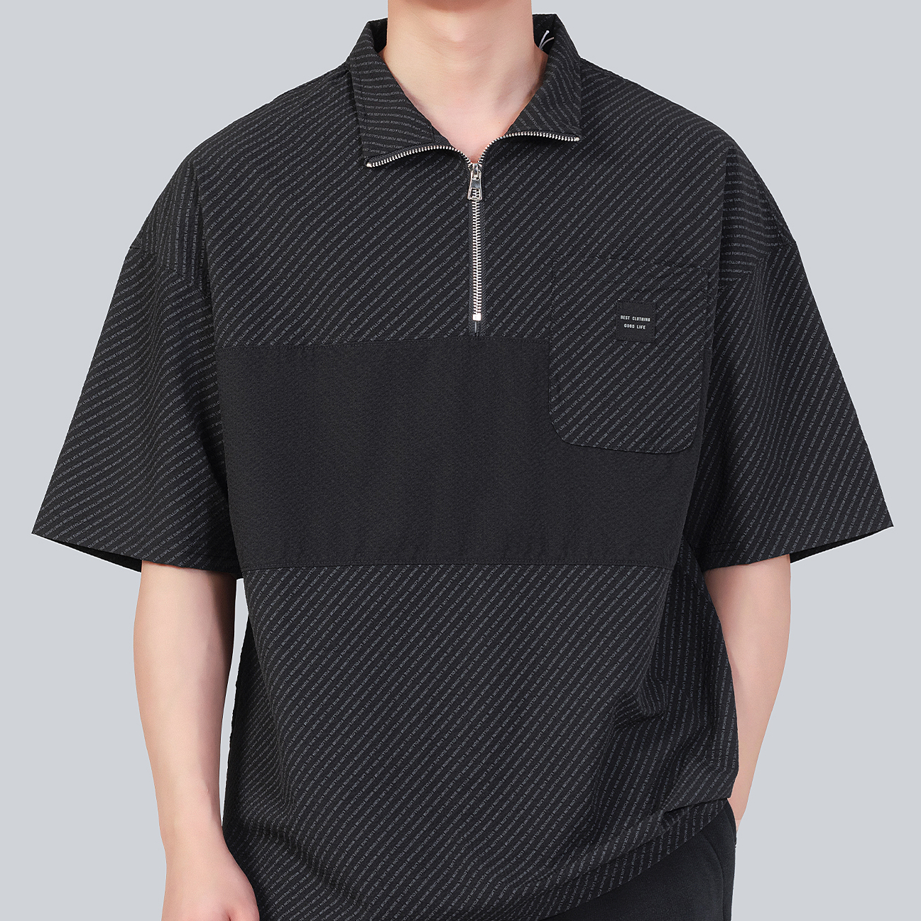 美式設計感拼接半拉鍊短袖polo衫T恤男夏季薄款透氣保羅衫