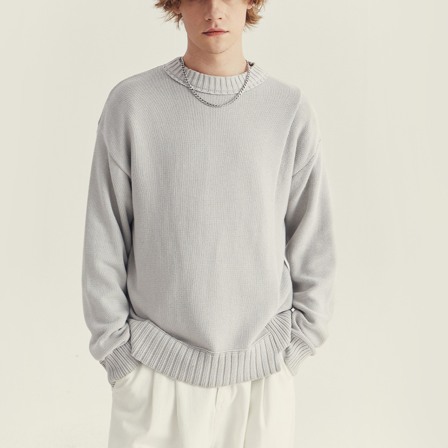 秋冬季圓領毛衣男士潮款韓版拼接寬鬆套頭針織衫長袖內搭