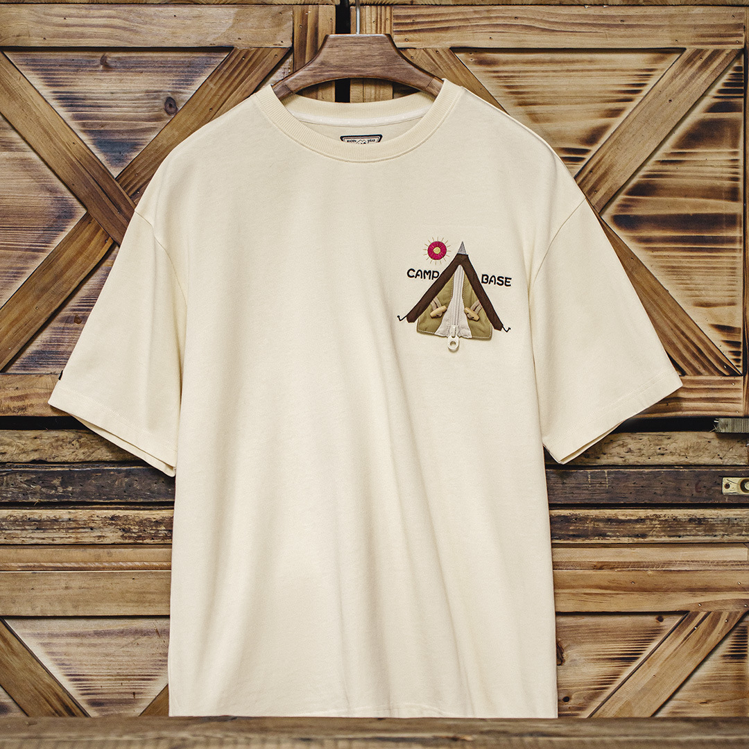 美式創意刺繡T恤米白色純棉重磅半袖螺紋領口短袖男夏季