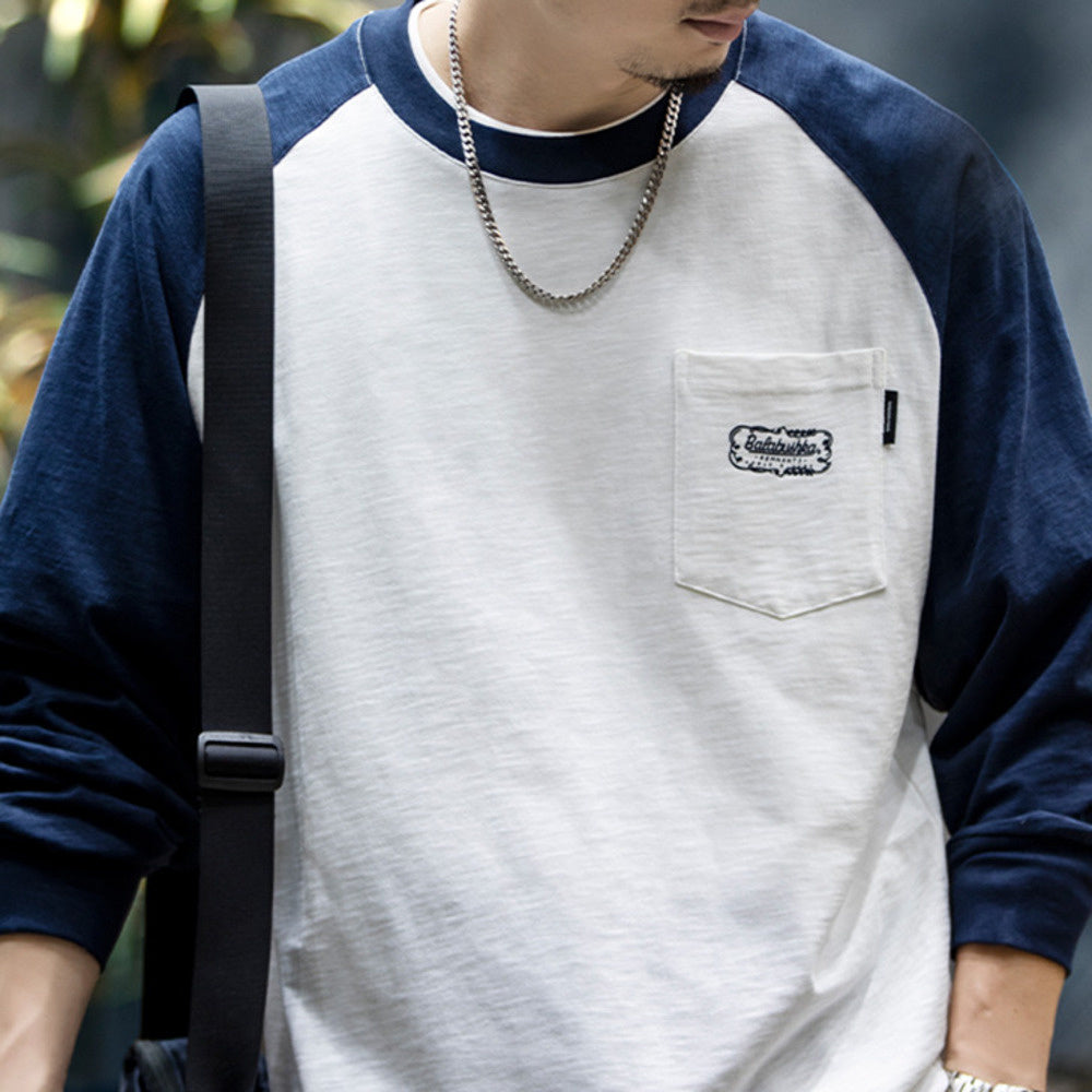 美式竹節棉長袖t恤男秋季潮牌寬松圓領撞色上衣男士休閑打底衫潮