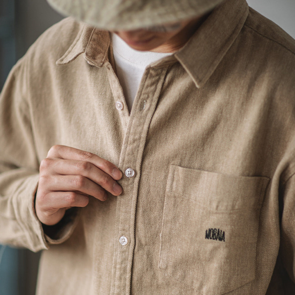 全棉磨毛厚寬松工裝襯衫純色長袖休閑襯衣男春秋外套