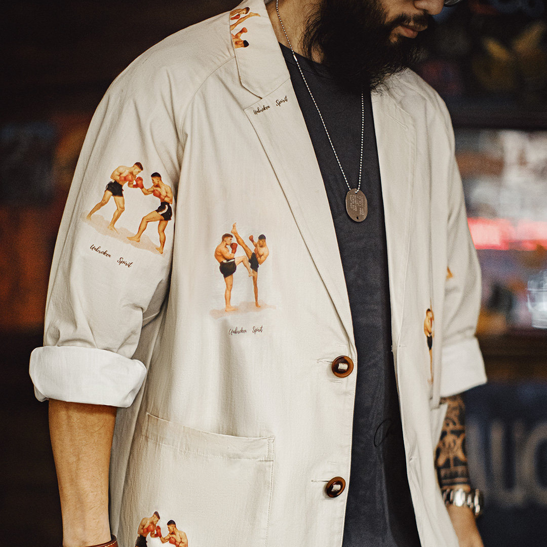 美式休閒平駁領西裝印花外套白色西服純棉長袖襯衫男款春