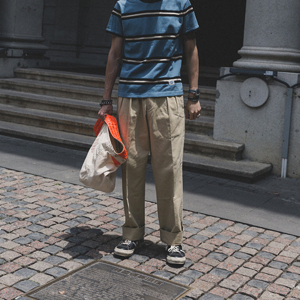 兩褶寬松休閑長褲直筒卡其褲子