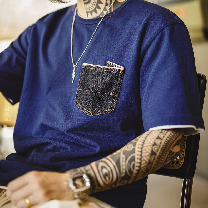 美式復古植物藍染T恤日系重磅純棉二本鍼口袋短袖男款夏