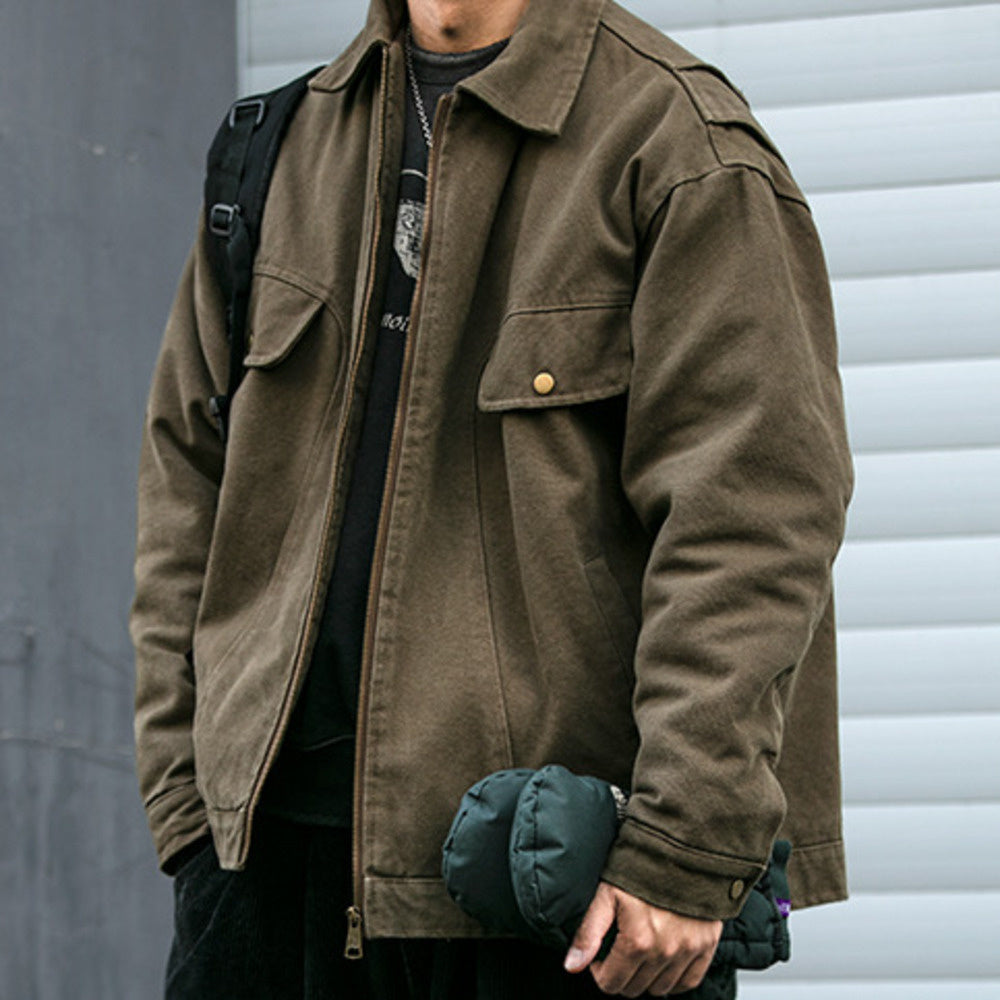 美式重工水洗底特律工装翻领棉衣男潮牌皮质贴标加厚棉服