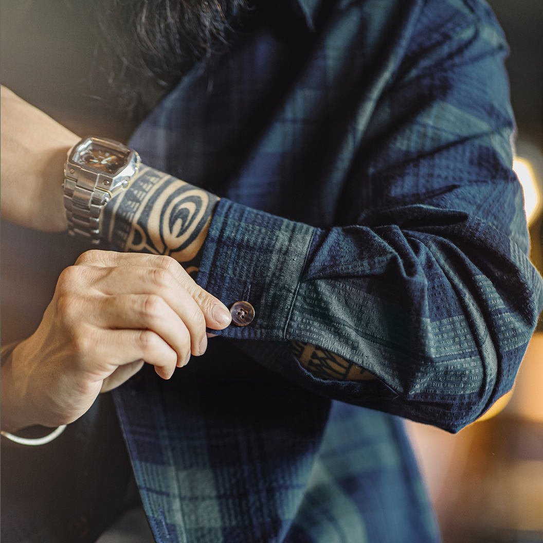 美式復古藍綠色格子襯衫外套純棉肌理感長袖薄款襯衣男秋