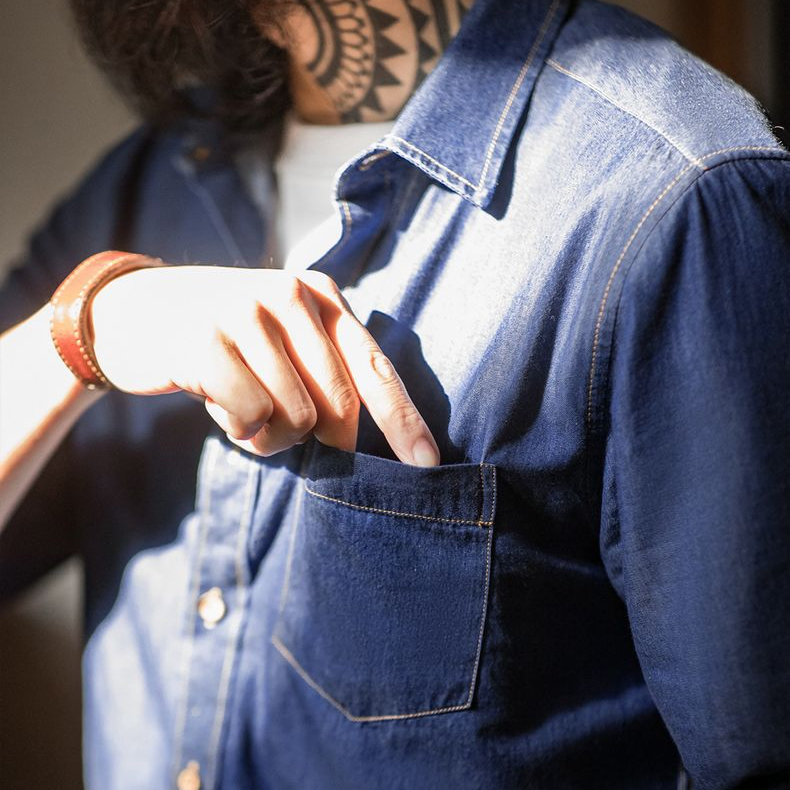 美式復古單口袋工裝牛仔襯衫丹寧休閒長袖修身襯衣男春季