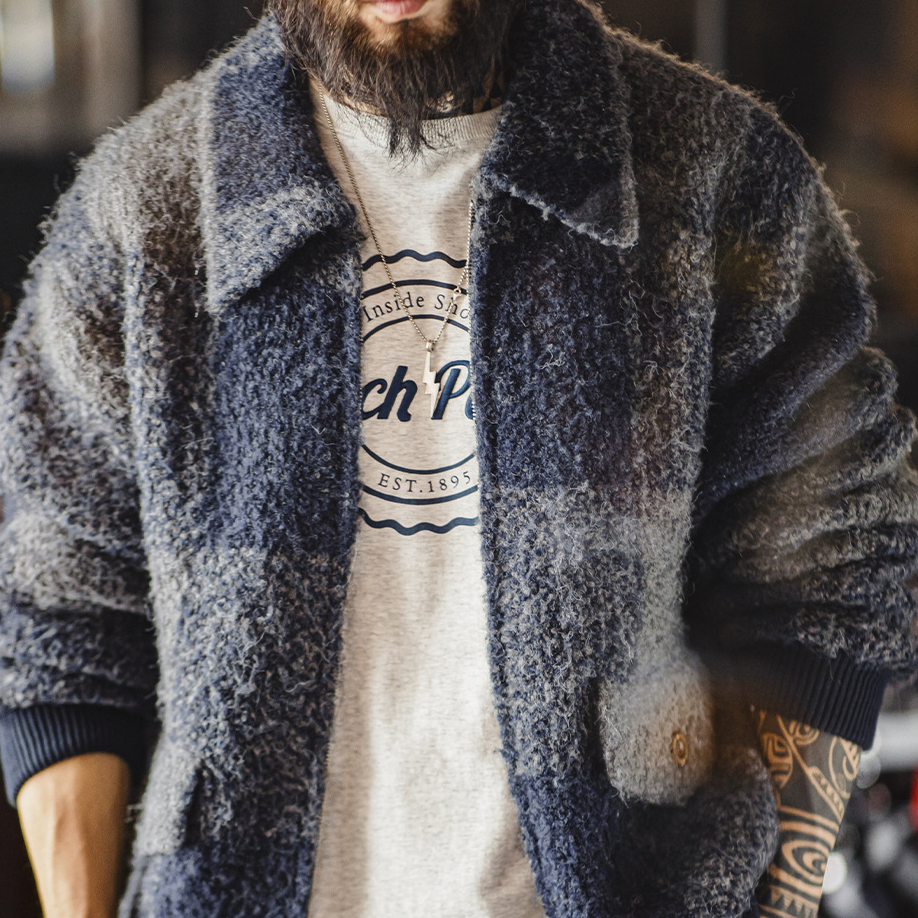 美式復古水牛格子毛織外套混紡翻領格紋開衫夾克男秋